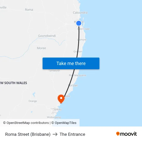 Brisbane Station to The Entrance map