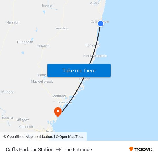 Coffs Harbour Station to The Entrance map