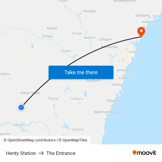 Henty Station to The Entrance map