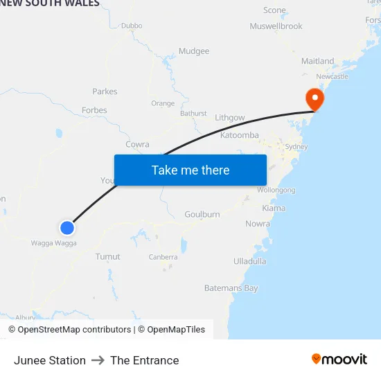 Junee Station to The Entrance map