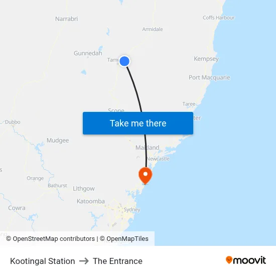 Kootingal Station to The Entrance map