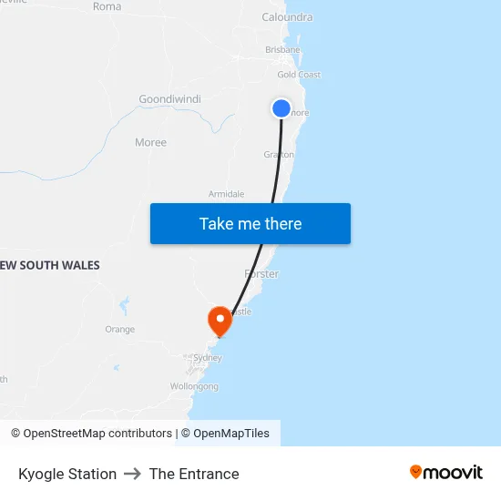 Kyogle Station to The Entrance map