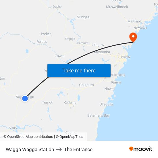 Wagga Wagga Station to The Entrance map