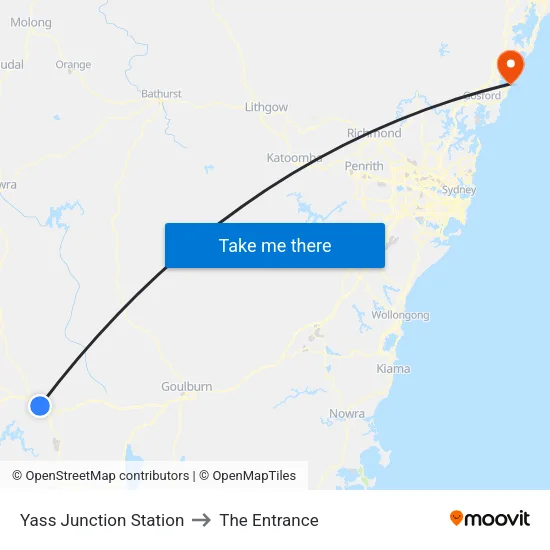 Yass Junction to The Entrance map