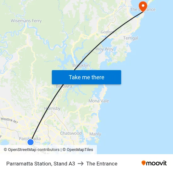Parramatta Station, Stand A3 to The Entrance map