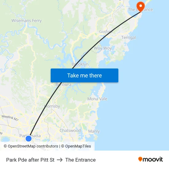 Park Pde after Pitt St to The Entrance map