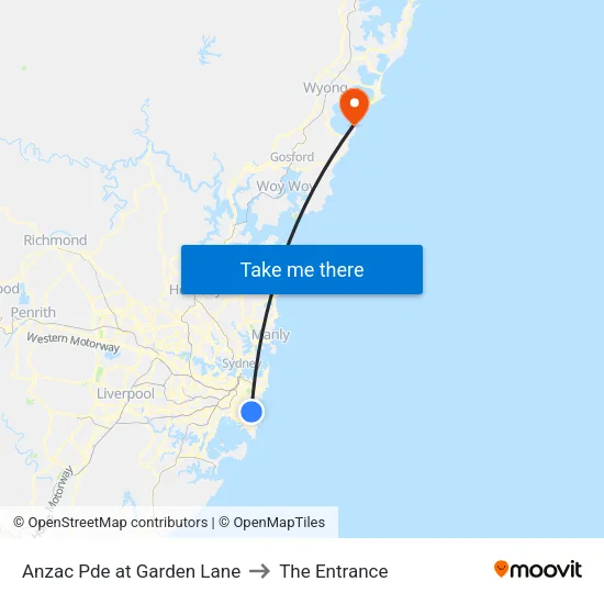 Anzac Pde at Garden Lane to The Entrance map