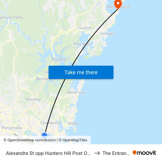 Alexandra St opp Hunters Hill Post Office to The Entrance map