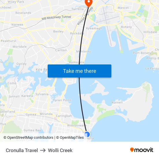 Cronulla Travel to Wolli Creek map