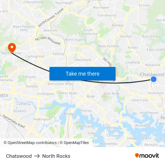 Chatswood to North Rocks map