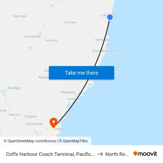 Coffs Harbour Coach Terminal, Pacific Hwy to North Rocks map