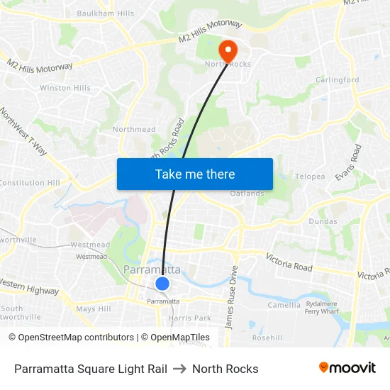 Parramatta Square Light Rail to North Rocks map