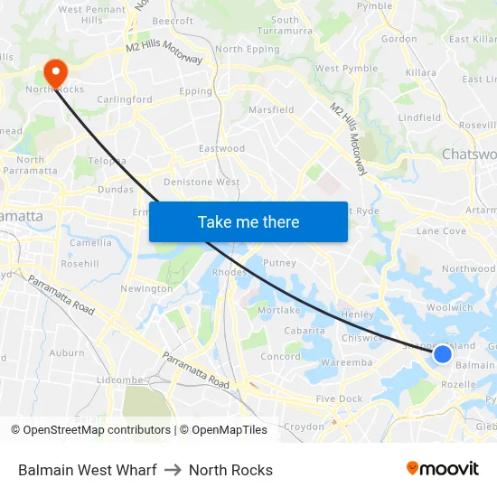 Balmain West Wharf to North Rocks map