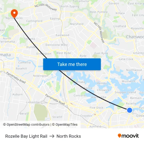 Rozelle Bay Light Rail to North Rocks map