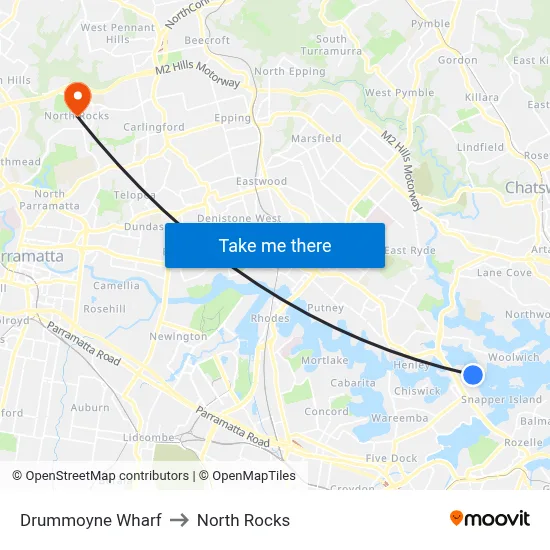 Drummoyne Wharf to North Rocks map