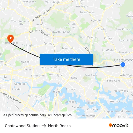 Chatswood Station to North Rocks map