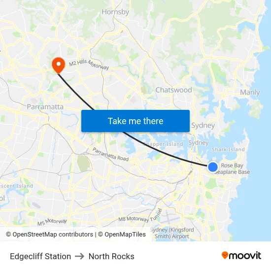 Edgecliff Station to North Rocks map