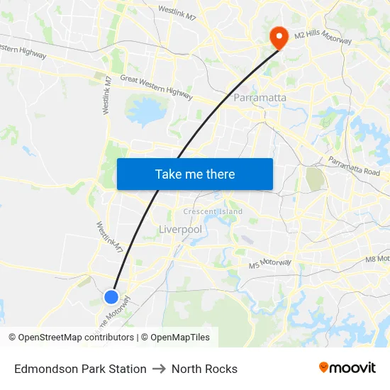 Edmondson Park Station to North Rocks map