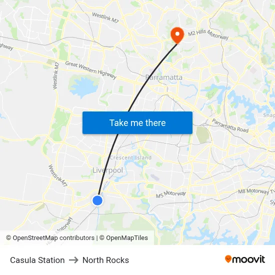 Casula Station to North Rocks map