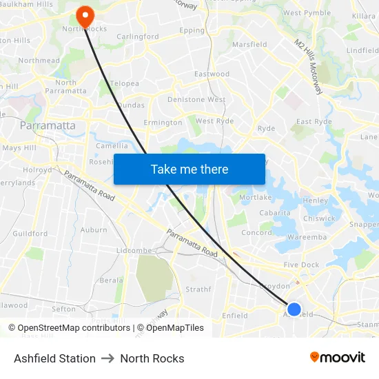 Ashfield Station to North Rocks map