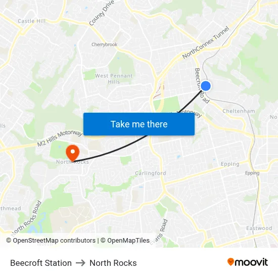 Beecroft Station to North Rocks map