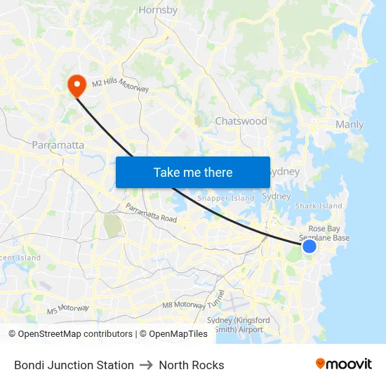 Bondi Junction Station to North Rocks map
