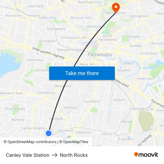 Canley Vale Station to North Rocks map