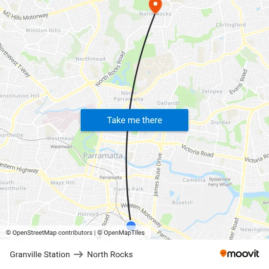 Granville Station to North Rocks map