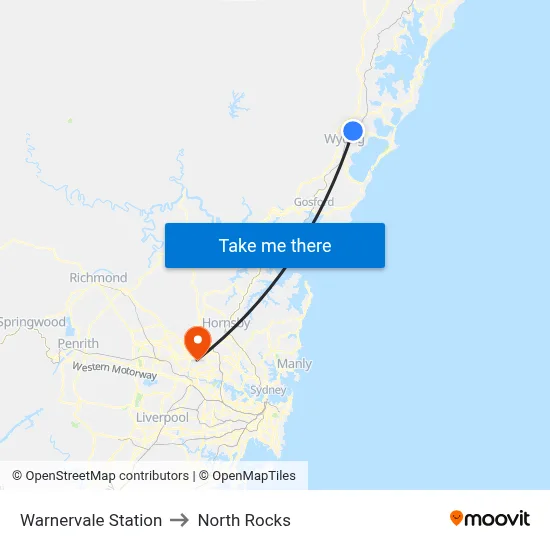 Warnervale Station to North Rocks map