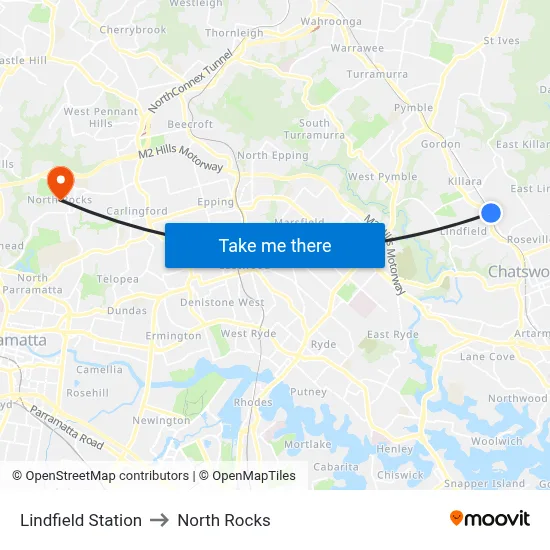 Lindfield Station to North Rocks map