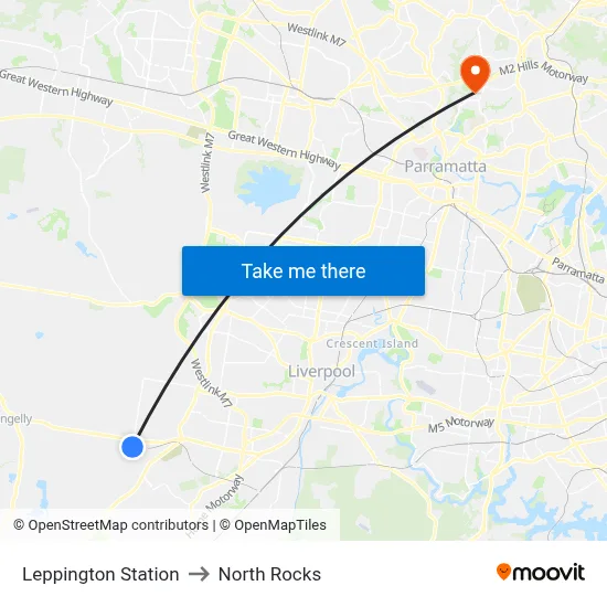 Leppington Station to North Rocks map