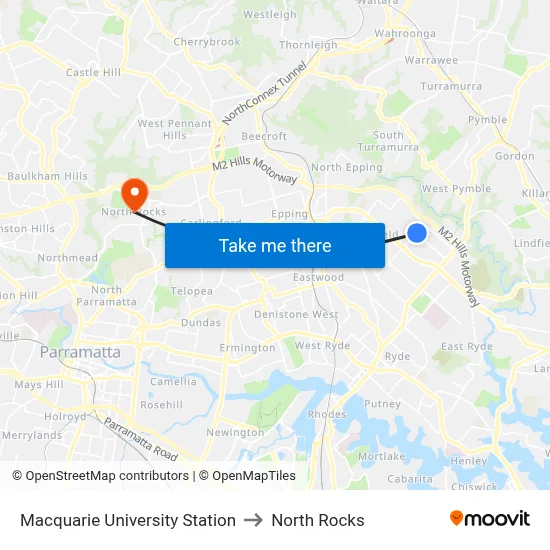 Macquarie University Station to North Rocks map