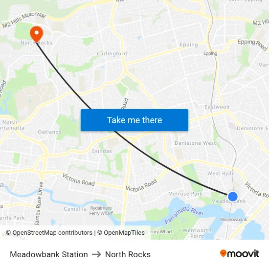 Meadowbank Station to North Rocks map