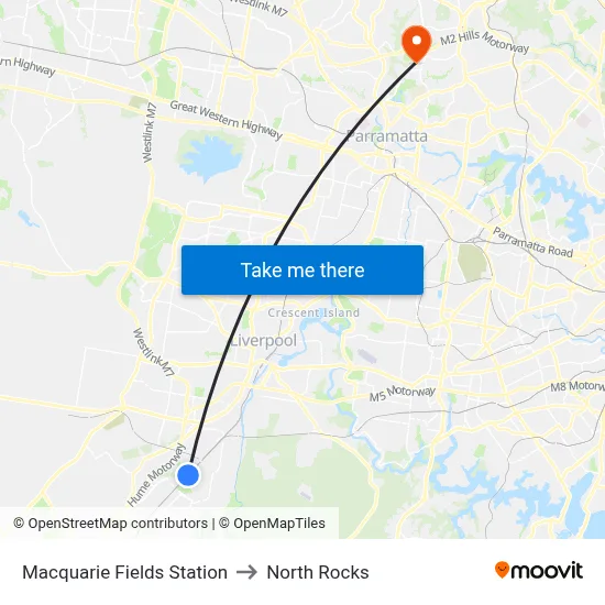 Macquarie Fields Station to North Rocks map