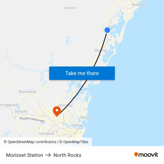 Morisset Station to North Rocks map