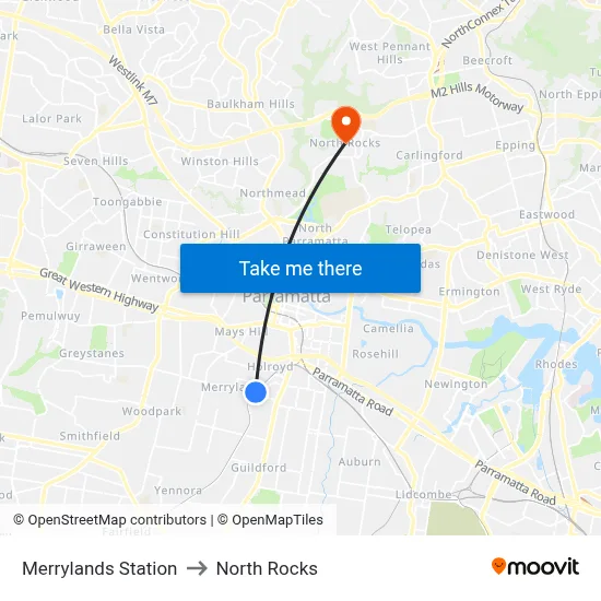 Merrylands Station to North Rocks map