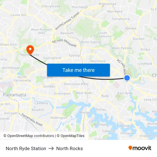 North Ryde Station to North Rocks map
