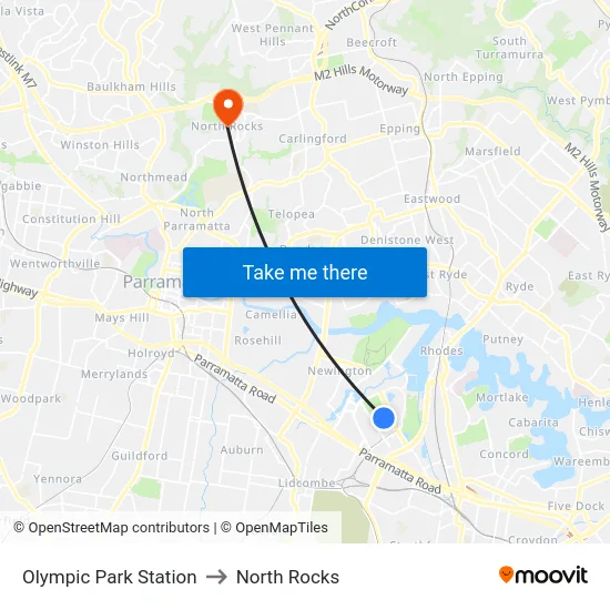 Olympic Park Station to North Rocks map
