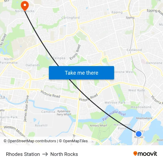 Rhodes Station to North Rocks map