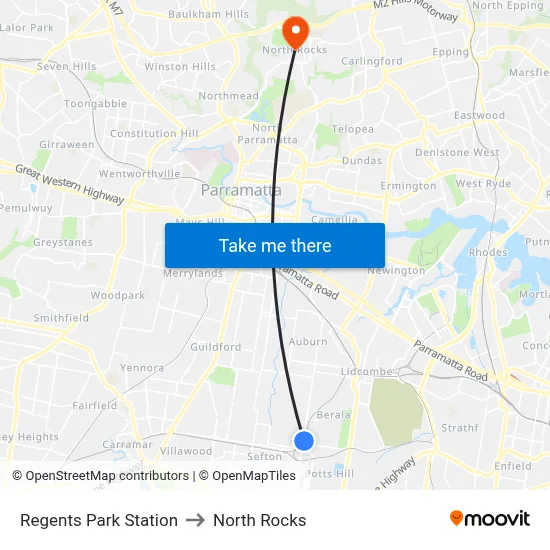 Regents Park Station to North Rocks map