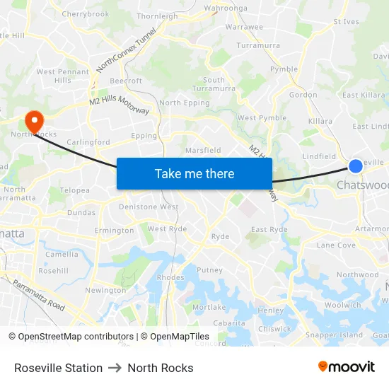 Roseville Station to North Rocks map