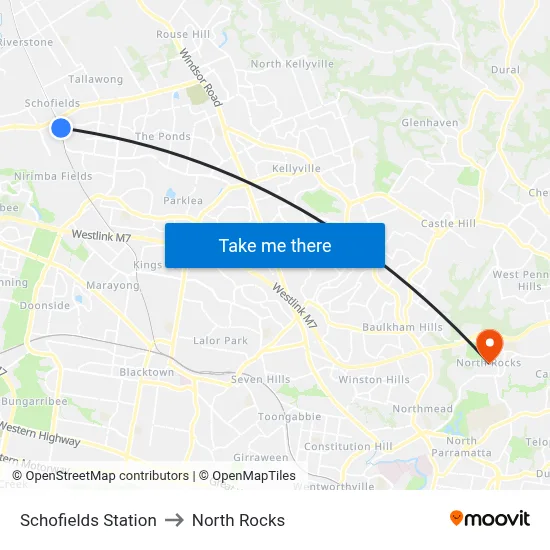 Schofields Station to North Rocks map
