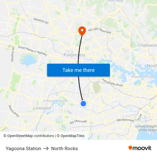 Yagoona Station to North Rocks map
