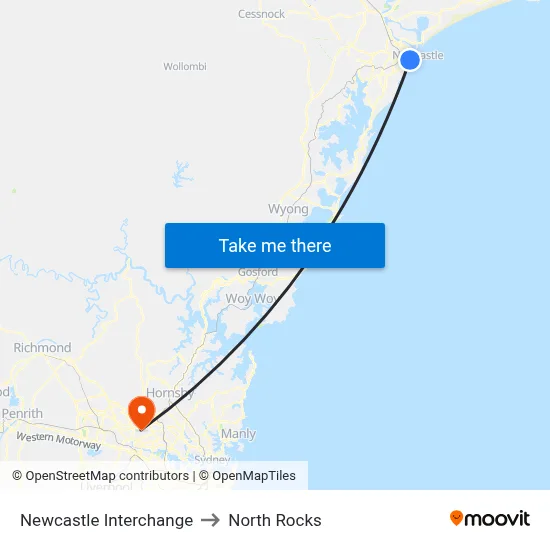Newcastle Interchange to North Rocks map