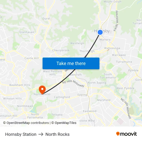 Hornsby Station to North Rocks map