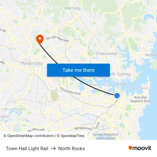 Town Hall Light Rail to North Rocks map