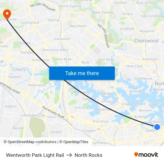 Wentworth Park Light Rail to North Rocks map