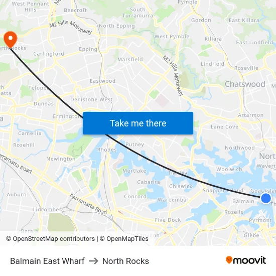 Balmain East Wharf to North Rocks map
