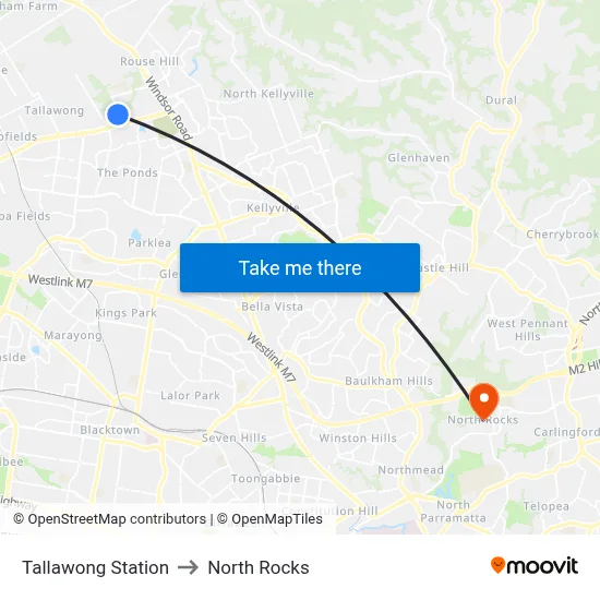 Tallawong Station to North Rocks map