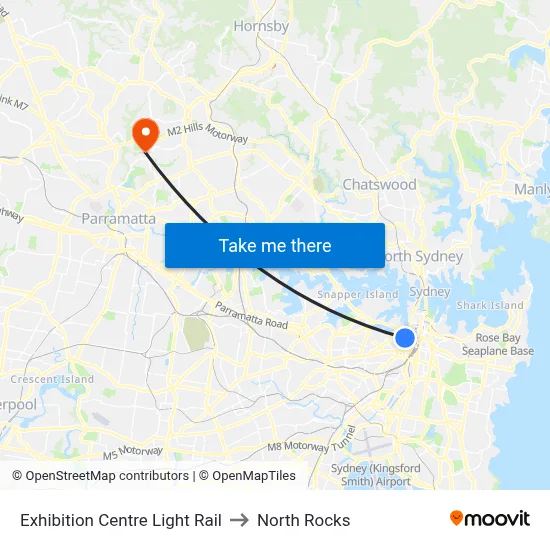 Exhibition Centre Light Rail to North Rocks map